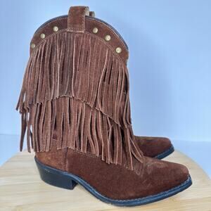 Shyanne Double Fringe Snip Toe Cowgirl Western Boots Brown Suede Girls Size 1 D